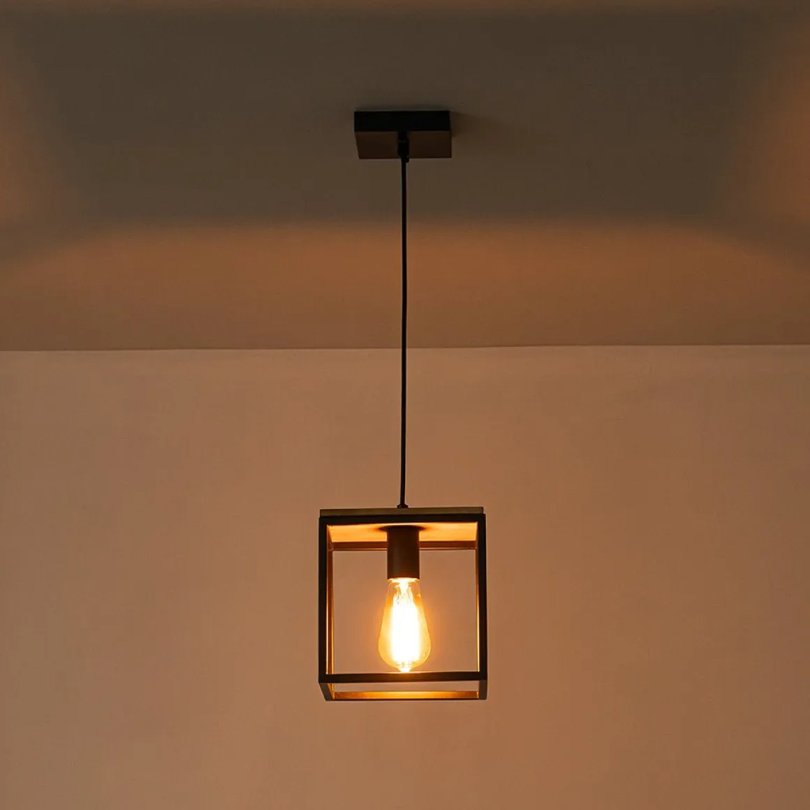 Aged Oak Iron Square Cage Single Kitchen Pendant Light