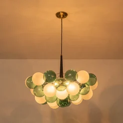 Art Deco Cluster Green Frosted White Glass Bubble Chandelier