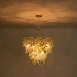 Art Deco Green Iridescent Swirl Glass Tiered Chandelier