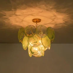 Art Deco Green Iridescent Swirl Glass Tiered Chandelier