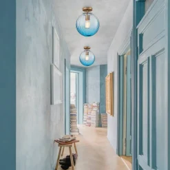 Art Deco 1-Light Blue Ribbed Glass Globe Semi Flush Mount