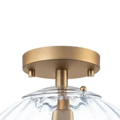 Art Deco 1-Light Blue Ribbed Glass Globe Semi Flush Mount