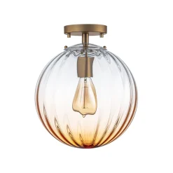 Art Deco 1-Light Blue Ribbed Glass Globe Semi Flush Mount