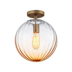 Art Deco 1-Light Blue Ribbed Glass Globe Semi Flush Mount
