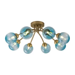 Art Deco 8-Light Sputnik Blue Glass Bubble Semi Flush Mount