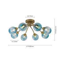 Art Deco 8-Light Sputnik Blue Glass Bubble Semi Flush Mount