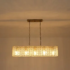 Art Deco Luxury Brass Crystal Linear Cage Island Chandelier