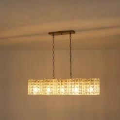 Art Deco Luxury Brass Crystal Linear Cage Island Chandelier