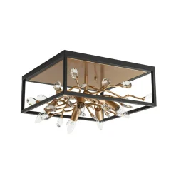 Black Brass Crystal Branch Square Lantern Flush Mount Light