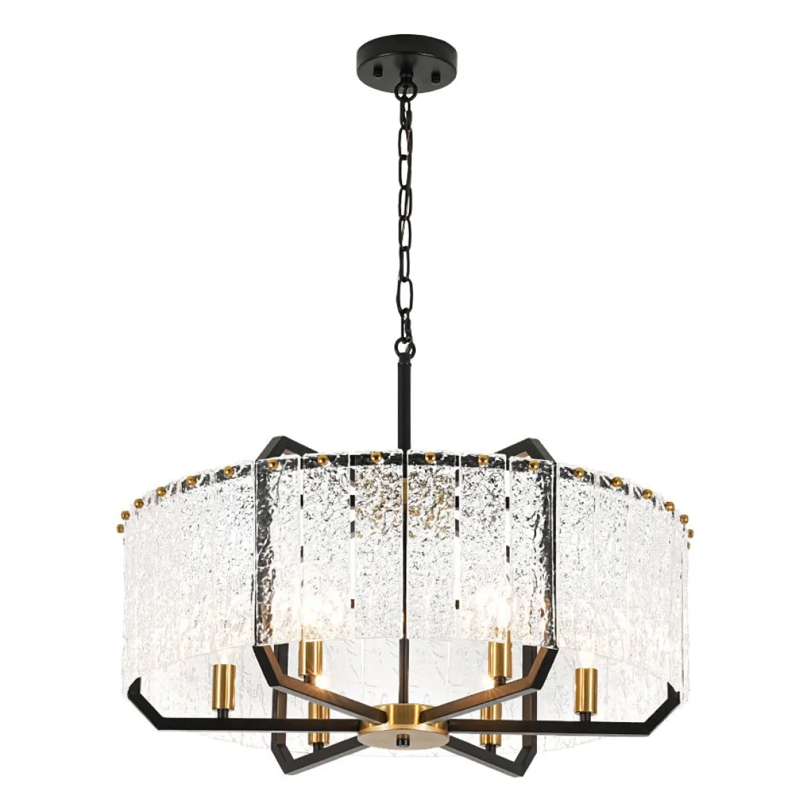 Black Brass 6-Light Rippled Glass Drum Cage Chandelier