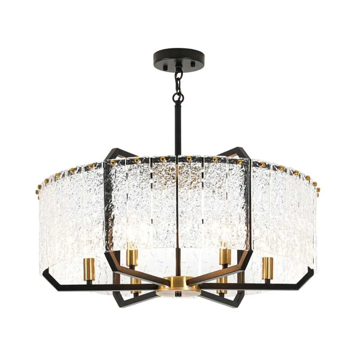 Black Brass 6-Light Rippled Glass Drum Cage Chandelier
