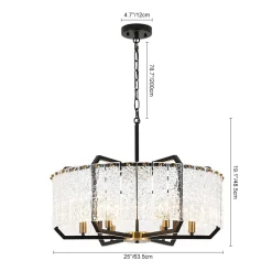 Black Brass 6-Light Rippled Glass Drum Cage Chandelier