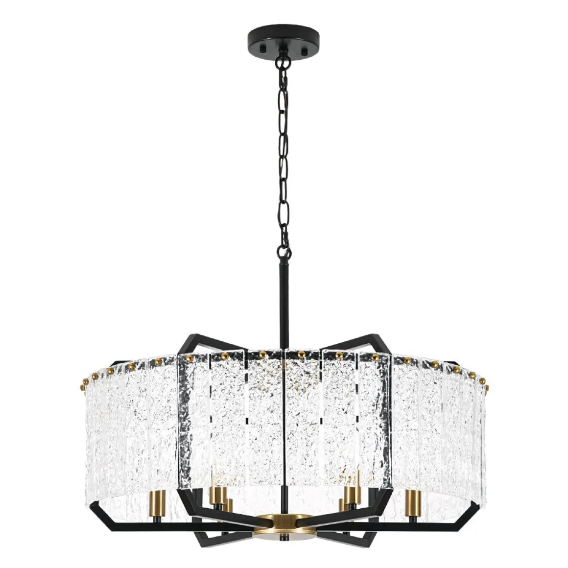 Black Brass 6-Light Rippled Glass Drum Cage Chandelier