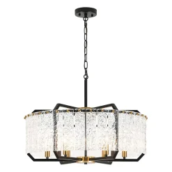 Black Brass 6-Light Rippled Glass Drum Cage Chandelier