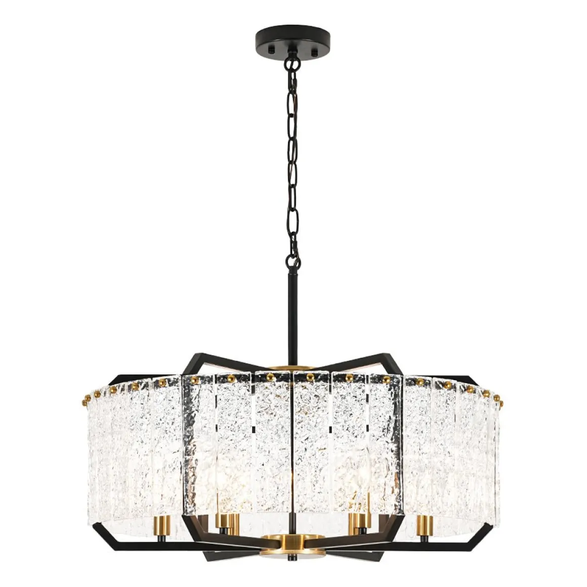 Black Brass 6-Light Rippled Glass Drum Cage Chandelier