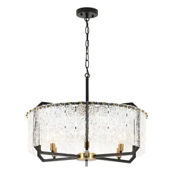Black Brass 6-Light Rippled Glass Drum Cage Chandelier