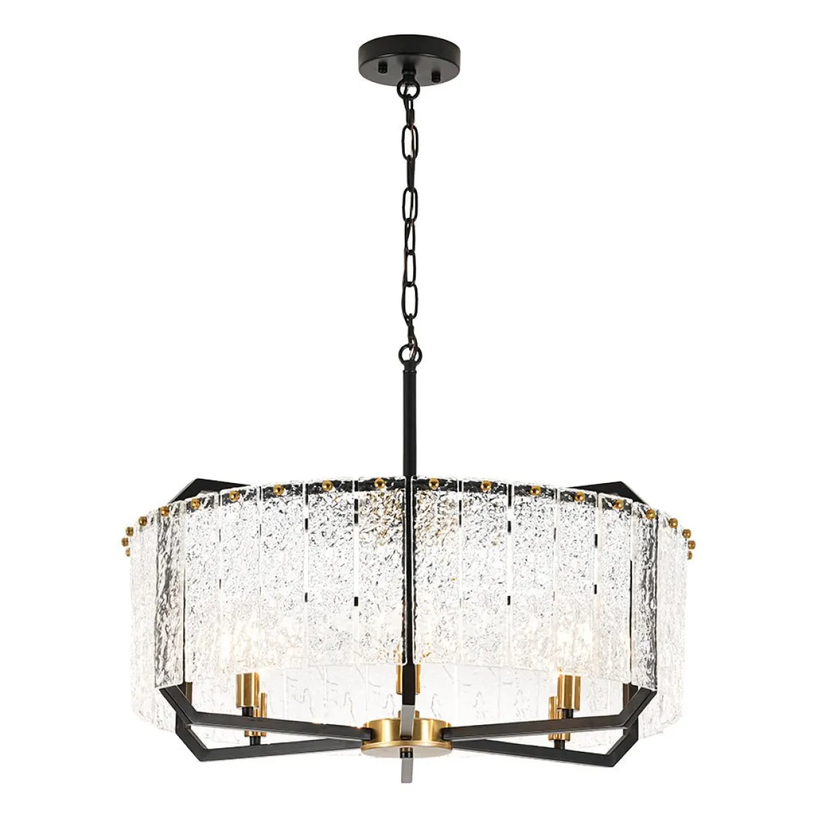 Black Brass 6-Light Rippled Glass Drum Cage Chandelier