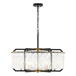 Black Brass 6-Light Rippled Glass Drum Cage Chandelier