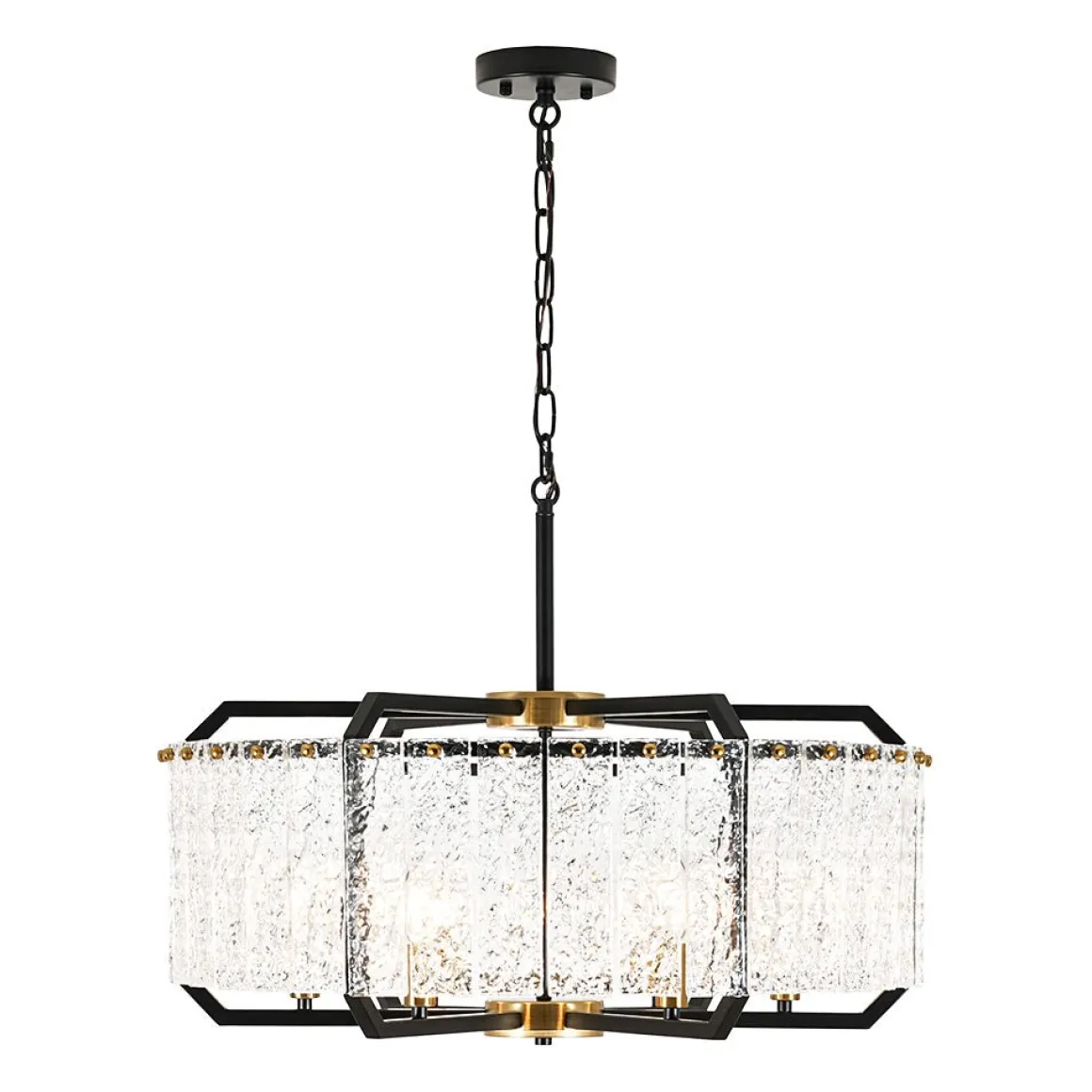 Black Brass 6-Light Rippled Glass Drum Cage Chandelier