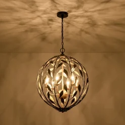 Black Gold Candle Style Leaf Vine Iron Orb Chandelier