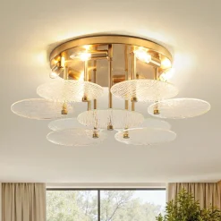 Bloom Brass 6-Light Tiered Rippled Glass Round Semi Flush Mount