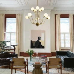 Bloom Frosted Glass Globe Bubble Brass Sputnik Chandelier