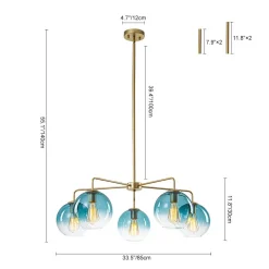 Blue Glass Globe Bubble Sputnik 5-light Round Chandelier