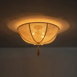 Boho Fabric Linen Round Scalloped Cage Semi Flush Mount
