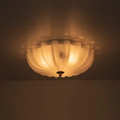Boho Pleated Flower White Crackled Glass Semi Flush