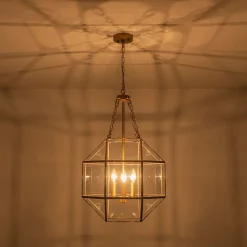 Brass Clear Glass Geometric Cube Lantern Pendant Light