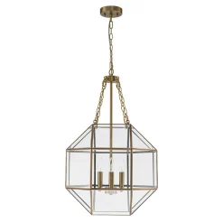 Brass Clear Glass Geometric Cube Lantern Pendant Light