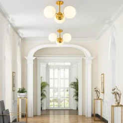 Brass Daisy 3-Light Opal Glass Globe Semi Flush Light