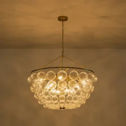 Brass Draped Ribbed Glass Bubble Round Pendant Chandelier