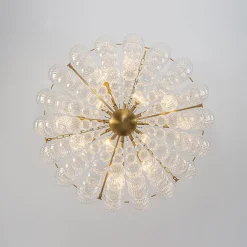 Brass Draped Ribbed Glass Bubble Round Pendant Chandelier