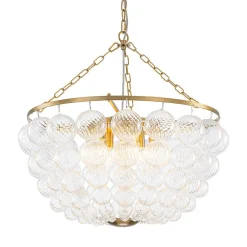 Brass Draped Ribbed Glass Bubble Round Pendant Chandelier