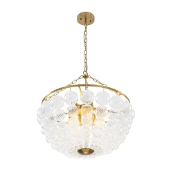 Brass Draped Ribbed Glass Bubble Round Pendant Chandelier