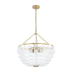 Brass Draped Ribbed Glass Bubble Round Pendant Chandelier