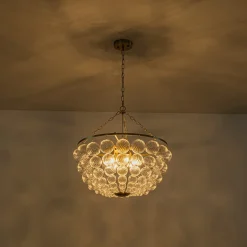 Brass Draped Ribbed Glass Bubble Round Pendant Chandelier