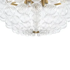 Brass Draped Ribbed Glass Globe Round Semi Flush Chandelier
