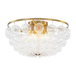 Brass Draped Ribbed Glass Globe Round Semi Flush Chandelier
