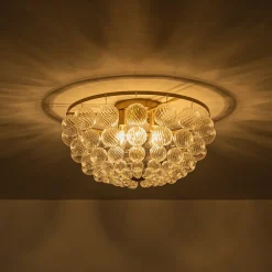 Brass Draped Ribbed Glass Globe Round Semi Flush Chandelier