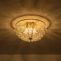 Brass Draped Ribbed Glass Globe Round Semi Flush Chandelier
