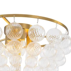 Brass Draped Ribbed Glass Globe Round Semi Flush Chandelier