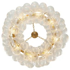 Brass Halo Ribbed Glass Globe Bubble Ring Chandelier