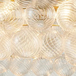 Brass Halo Ribbed Glass Globe Bubble Ring Chandelier