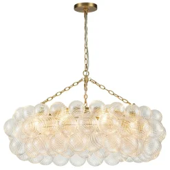 Brass Halo Ribbed Glass Globe Bubble Ring Chandelier