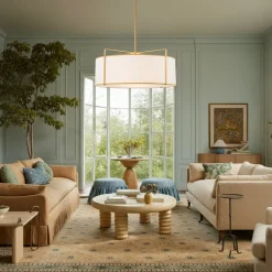 Brass Large White Fabric Drum Cage Chandelier