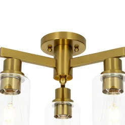 Brass 3-Light Clear Glass Cylinder Semi Flush Mount