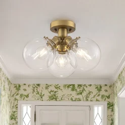 Brass 3-Light Clear Glass Glass Globe Ceiling Light