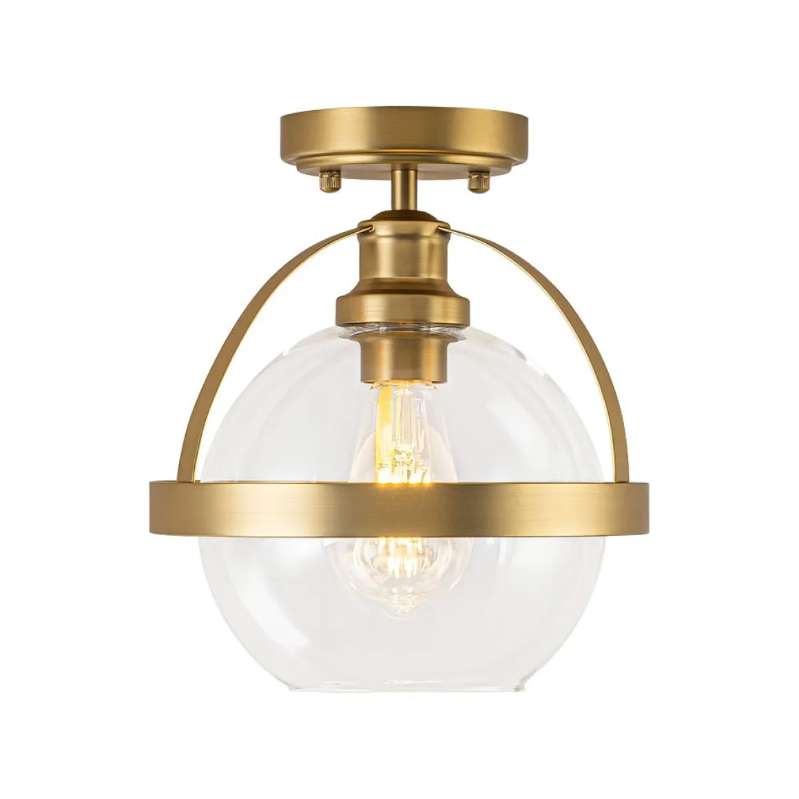 Brass 1-Light Clear Glass Sphere Globe Semi-Flush Mount